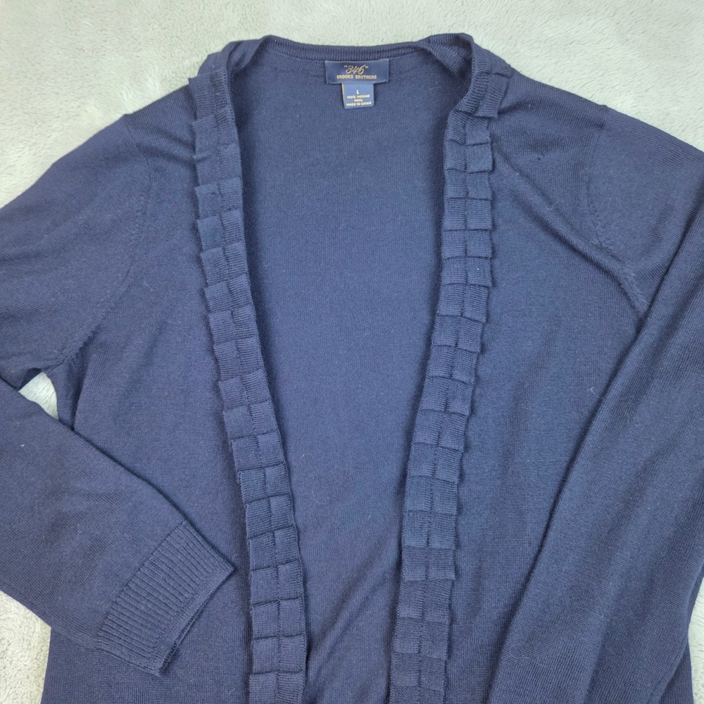 Brooks Brothers Merino Wool Ruffle Cardigan Womens Sz L Open Front Navy Blue Top